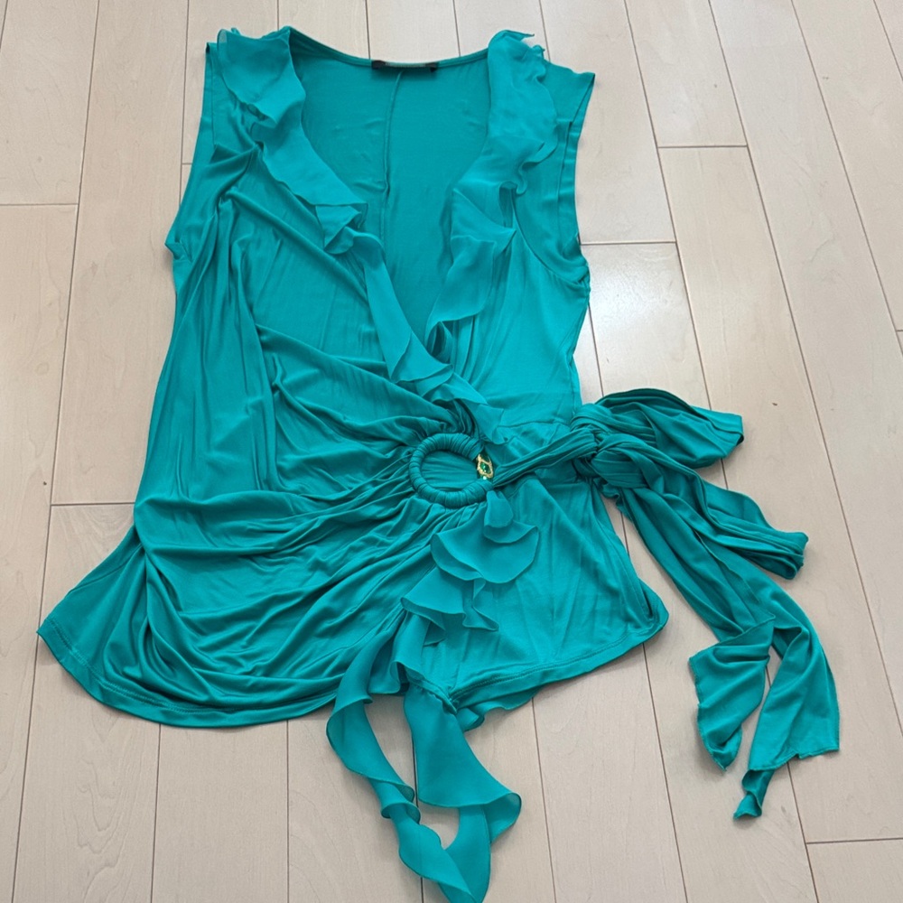 Roberto Cavalli teal Sleeveless Ruffle Wrap Blouse with side bow Size 48